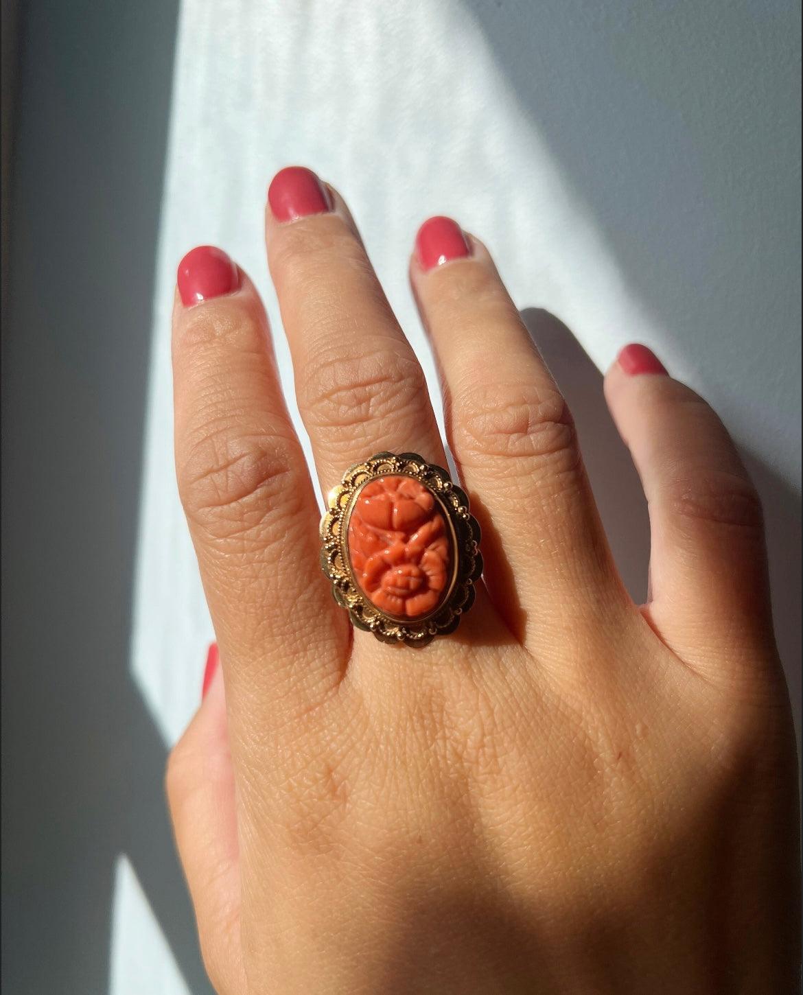 Victorian 14K Carved Natural Coral flower gold ring - Curiously timeless