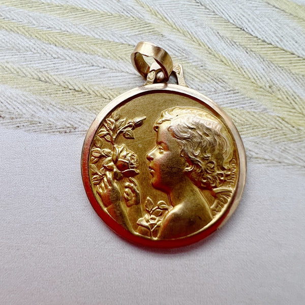 French 18K gold medal of angel and roses