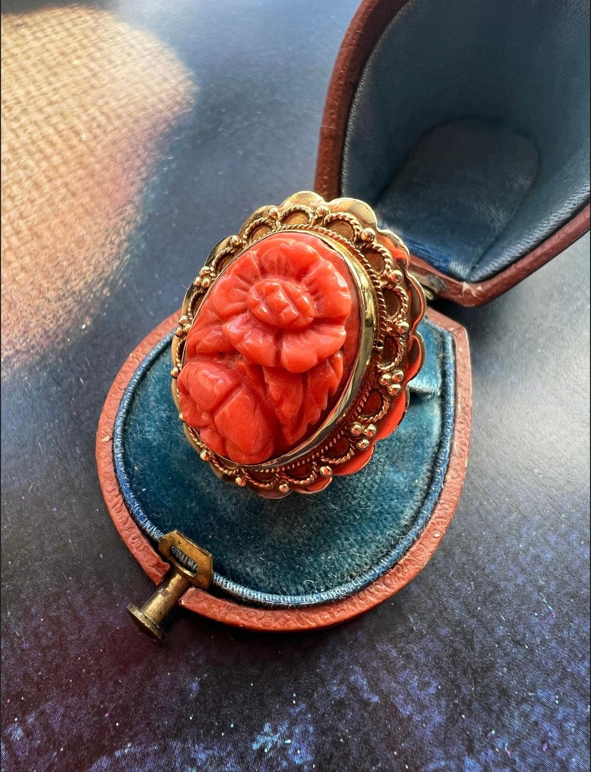 Victorian 14K Carved Natural Coral flower gold ring - Curiously timeless